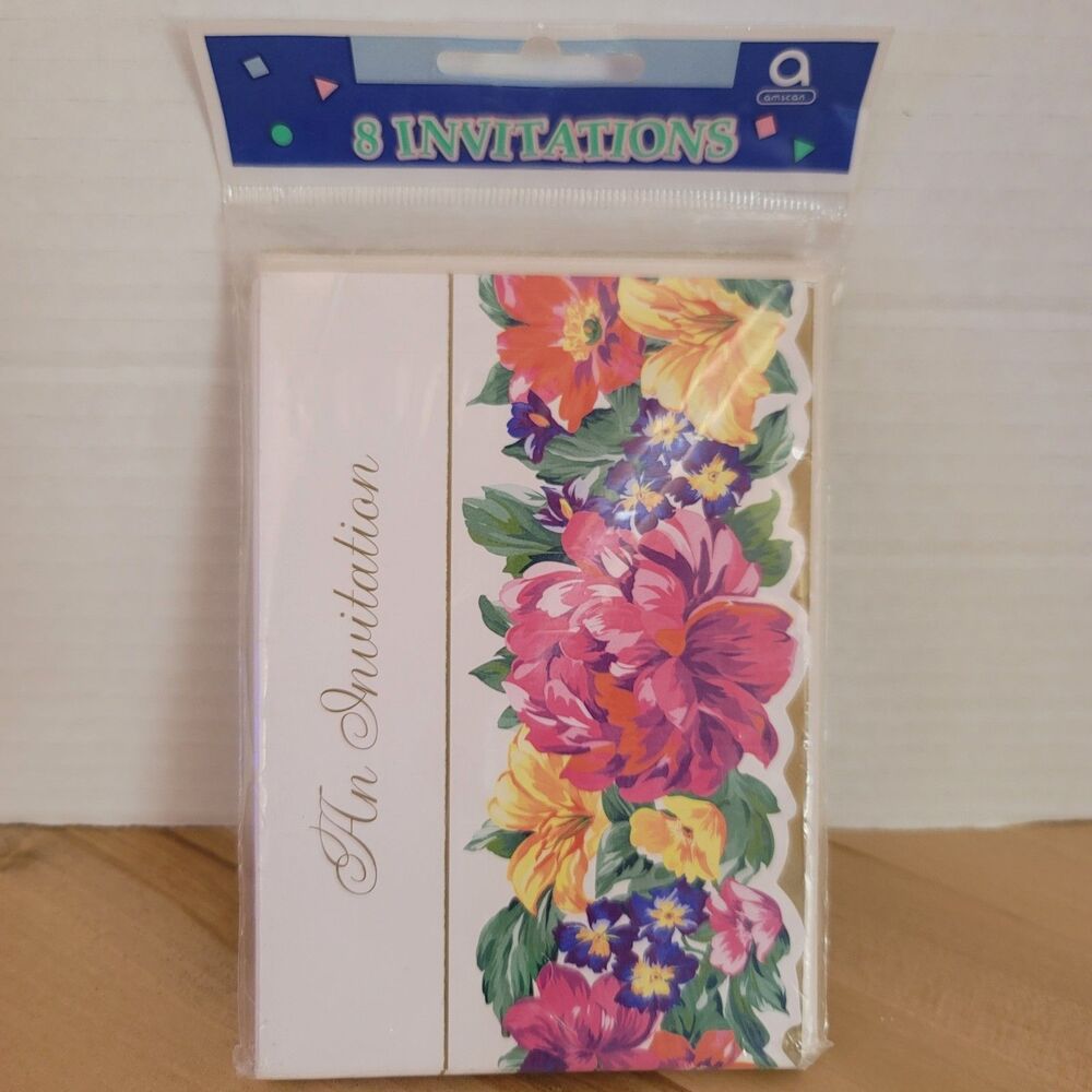 Vtg 8 AMSCAN Colorful 'Birthday Garden' Floral Invitations Party Celebration